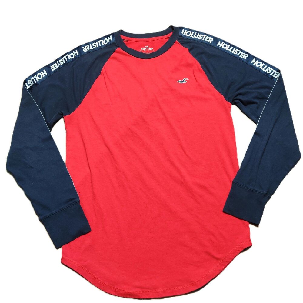 Hollister Long Sleeve T Shirt Red Navy Logo Tape Raglan Crew Neck Men's M